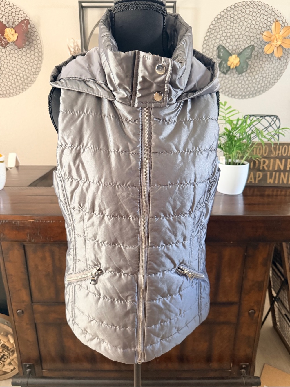 New York & Company Metallic Silver Quilted Hooded Vest